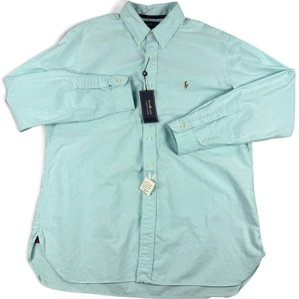 NWT Vintage Ralph Lauren Oxford Cloth Shirt XL Aqua OCBD Flesh Pony Deadstock